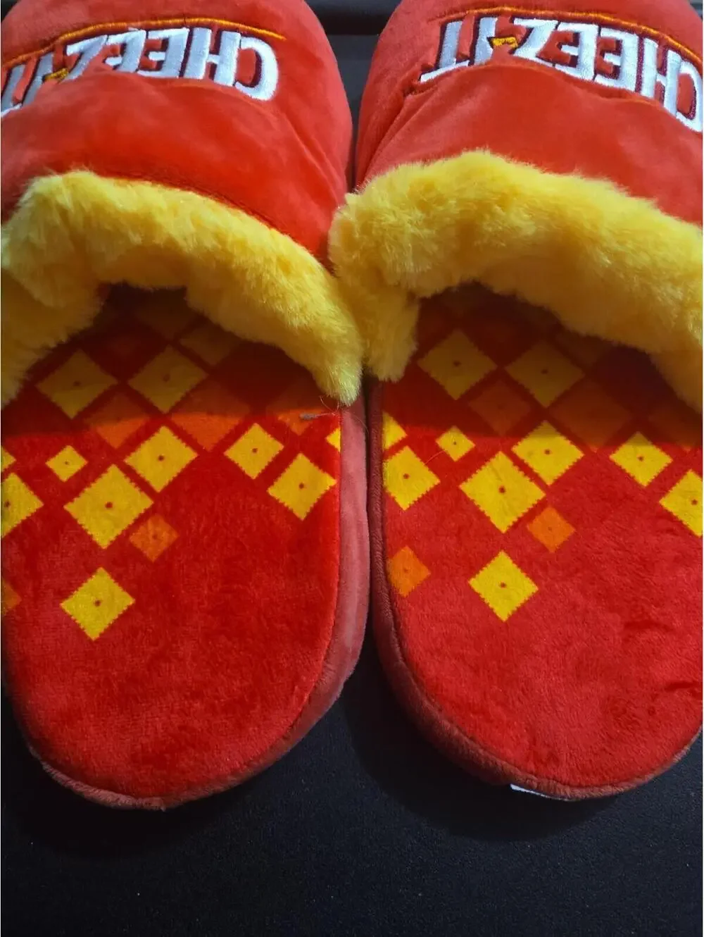Cheez-It Branded Red Plush Novelty Slippers Size L (approx 10-12M)